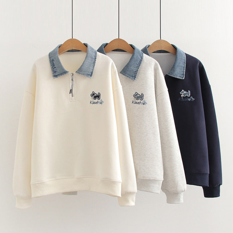 Denim Collar Stitching Polo Collar False Two-piece Sweaters