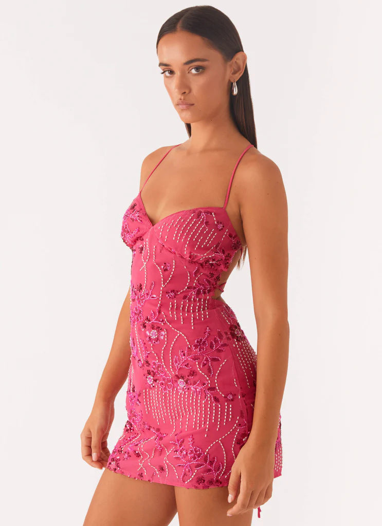 Women's Sequined Embroidered Backless Sling Dress