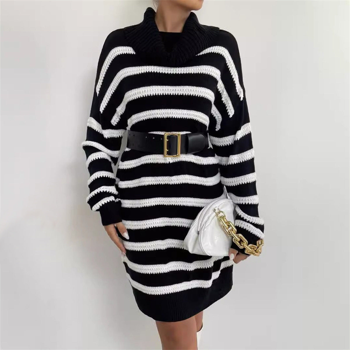 Black And White Stitching Woolen Skirt Striped Knitted