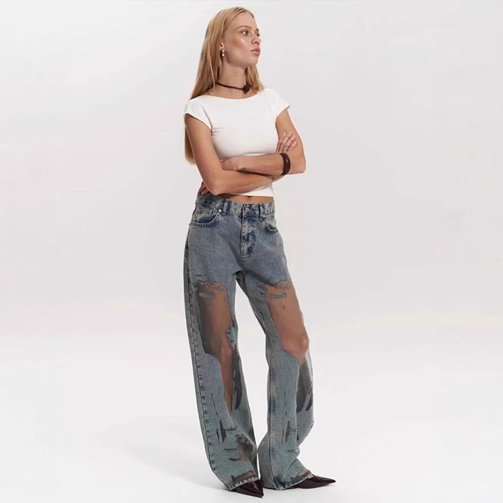 Retro Straight-leg Pants Hollow Texture Niche Design Jeans Y2g Wide Leg Trousers