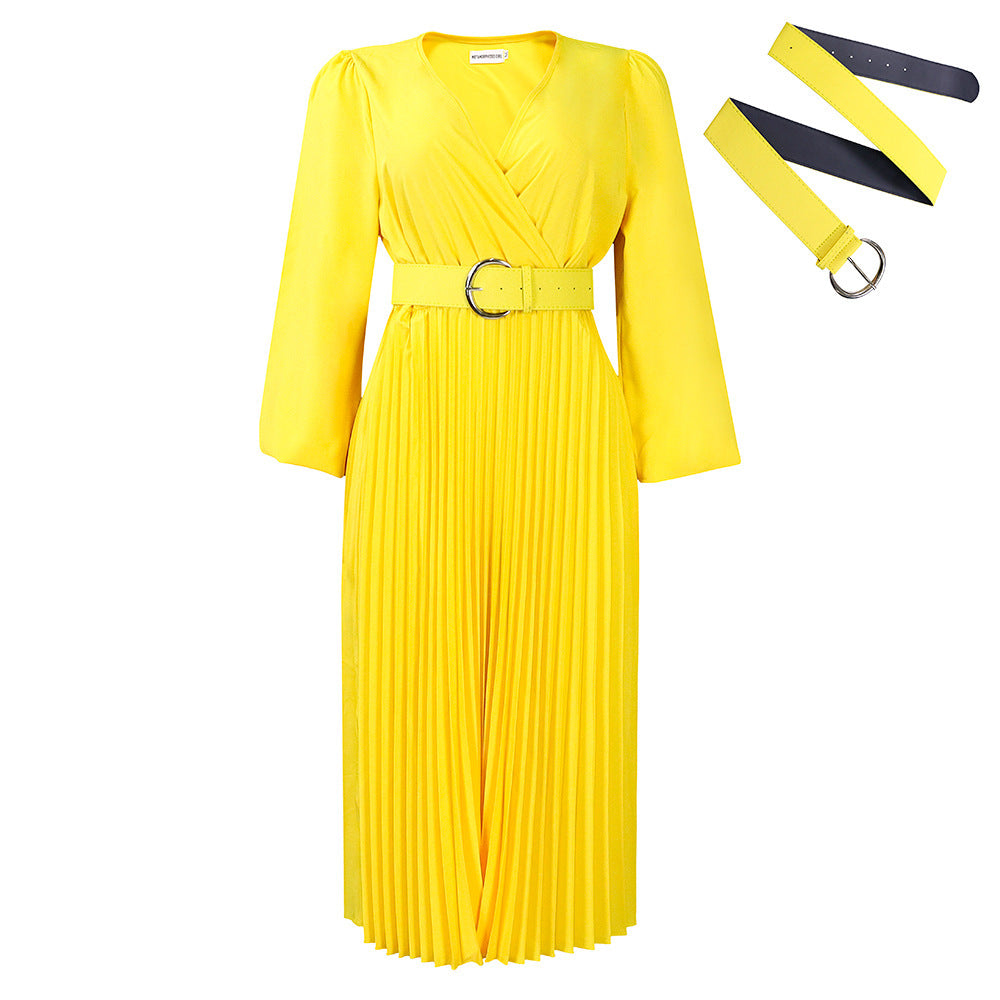 Long Sleeve V-neck Pleated Midi Dress