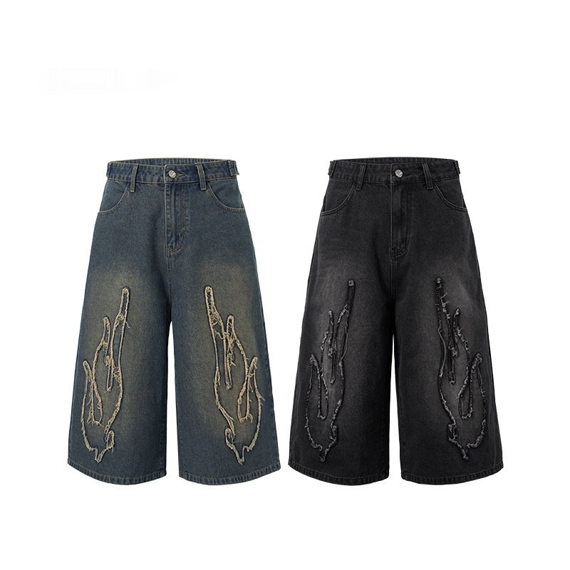 Cropped Patch Flame Embroidery Casual Men's Shorts
