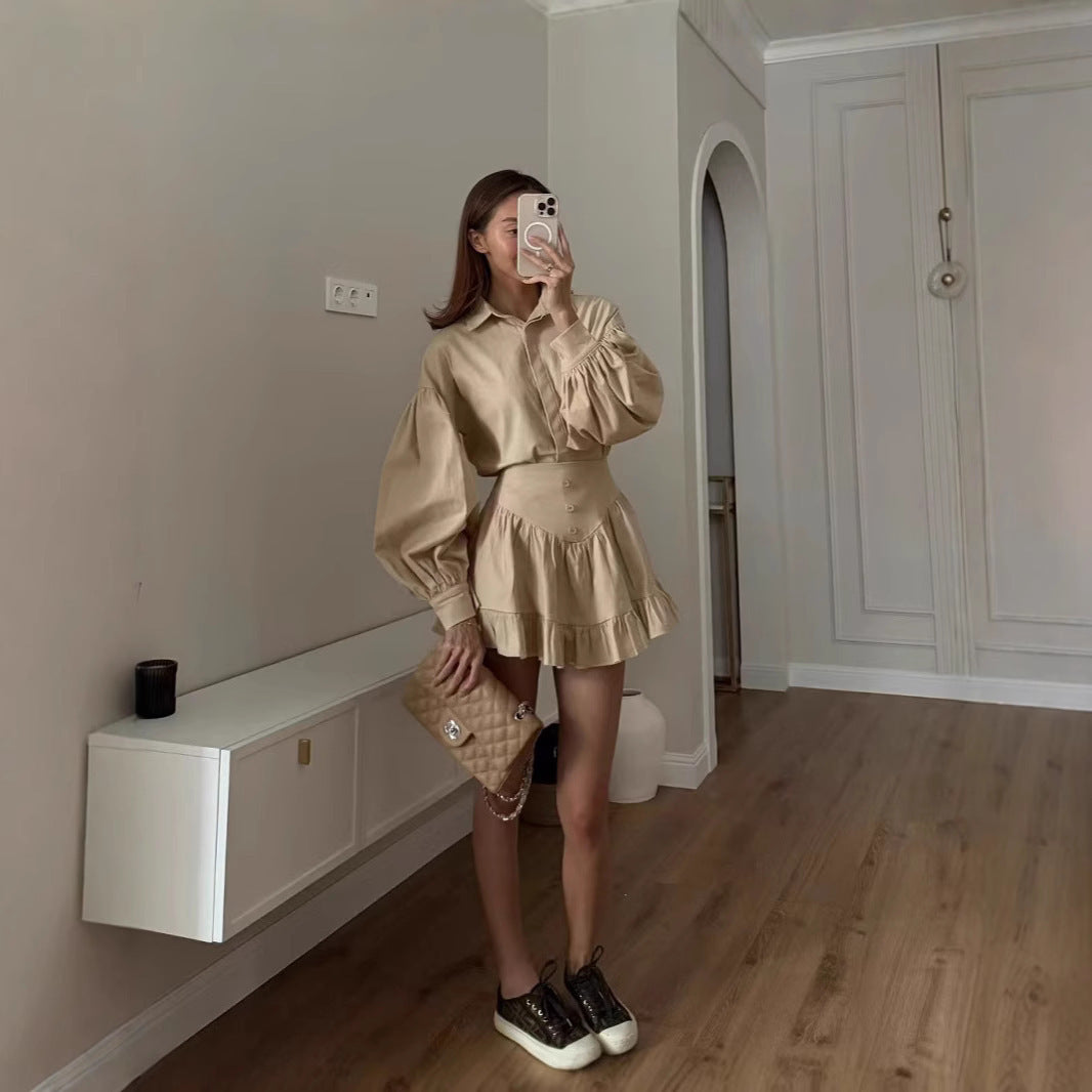 Lantern Sleeve Shirt Ruffled Skirt Suit Women