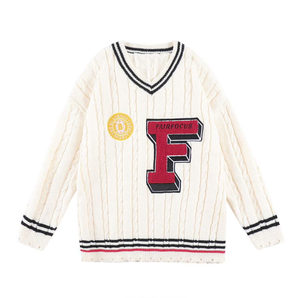 Letter Embroidery Color Blocking V-neck Pullover Sweater For Men