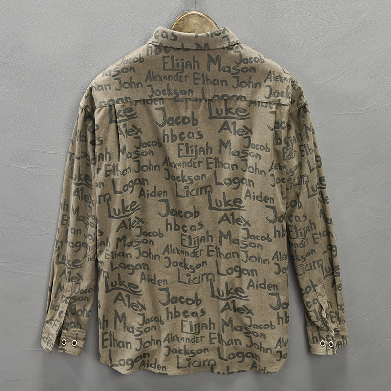 Corduroy Casual Letters Long-sleeved Cotton Shirt