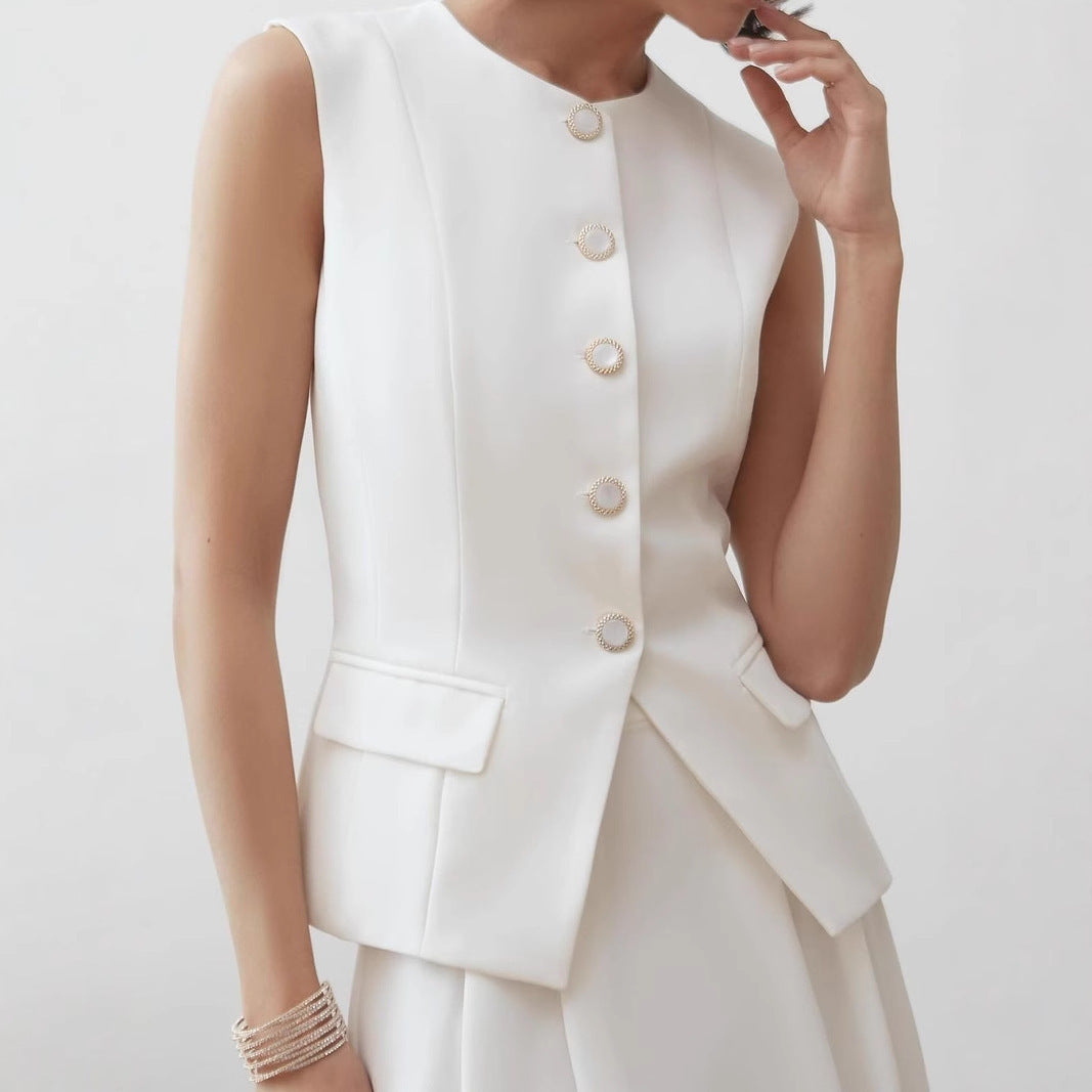 Button Sleeveless Suit Vest High Waist Skirt