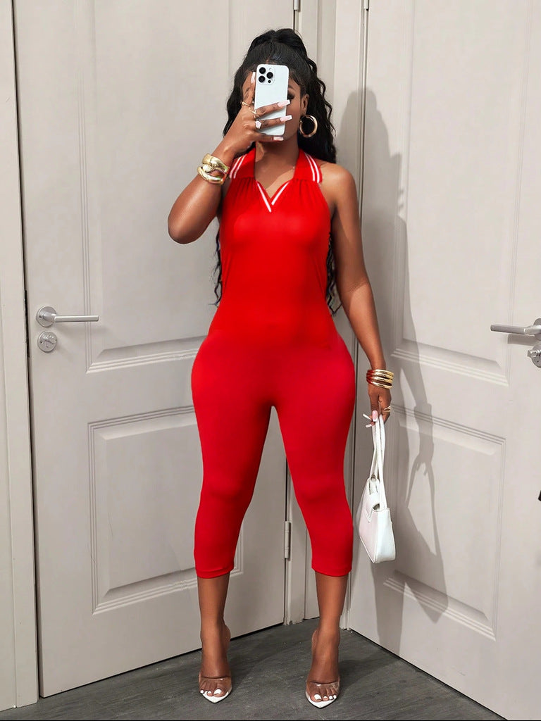 Polyester Women's Sleeveless Halter Sports Jumpsuit