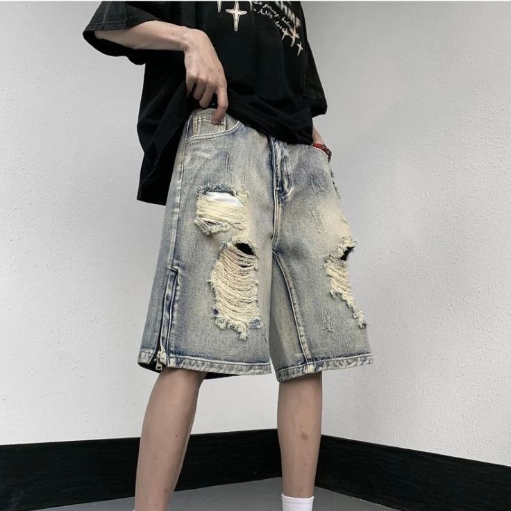 American High Street Retro Tattered Jeans Denim Shorts Wide Leg