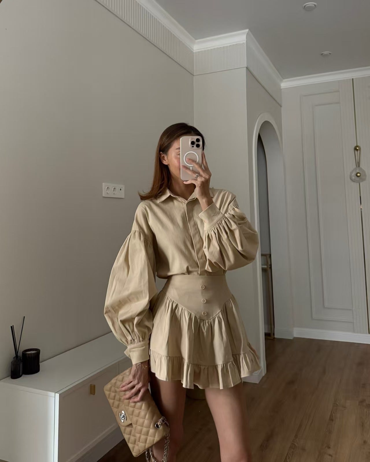 Lantern Sleeve Shirt Ruffled Skirt Suit Women