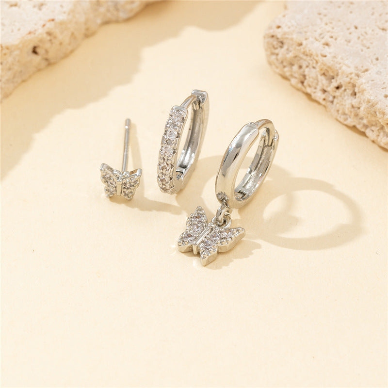 New Copper Inlaid Zirconium Butterfly Studs Ear Clip Set