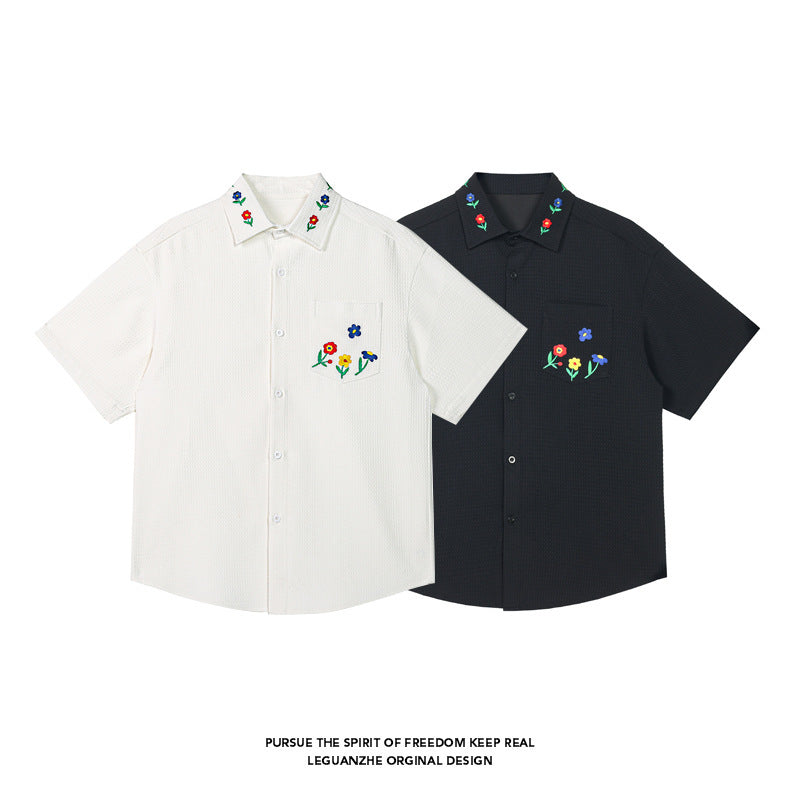 White Background Embroidered Handsome Short Sleeve Shirt