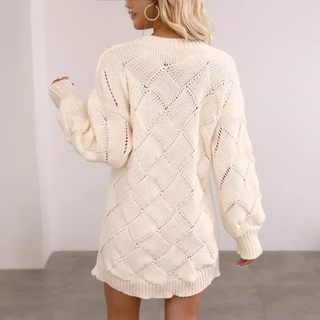 Round Neck Long Sleeve Rhombus Woven Hip Skirt