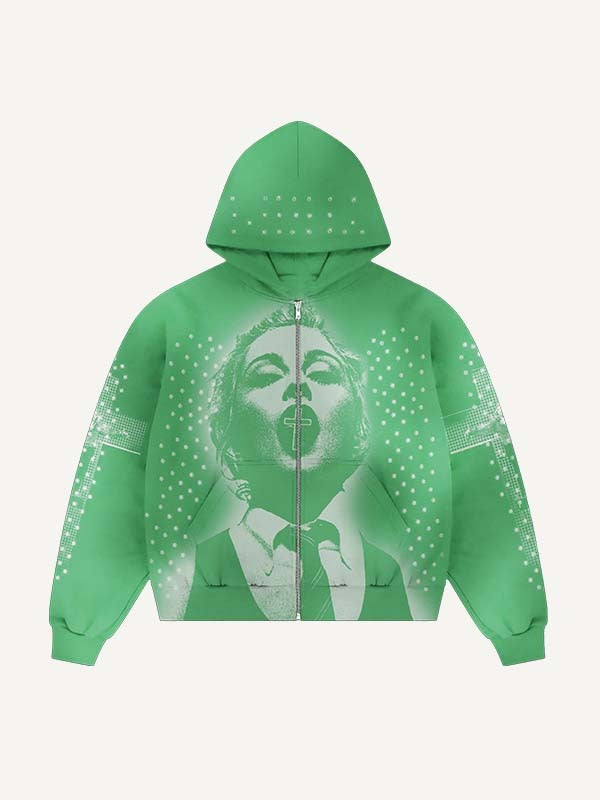 FigureCross Faux Rhinestones Print Zip Up Hooded Coat