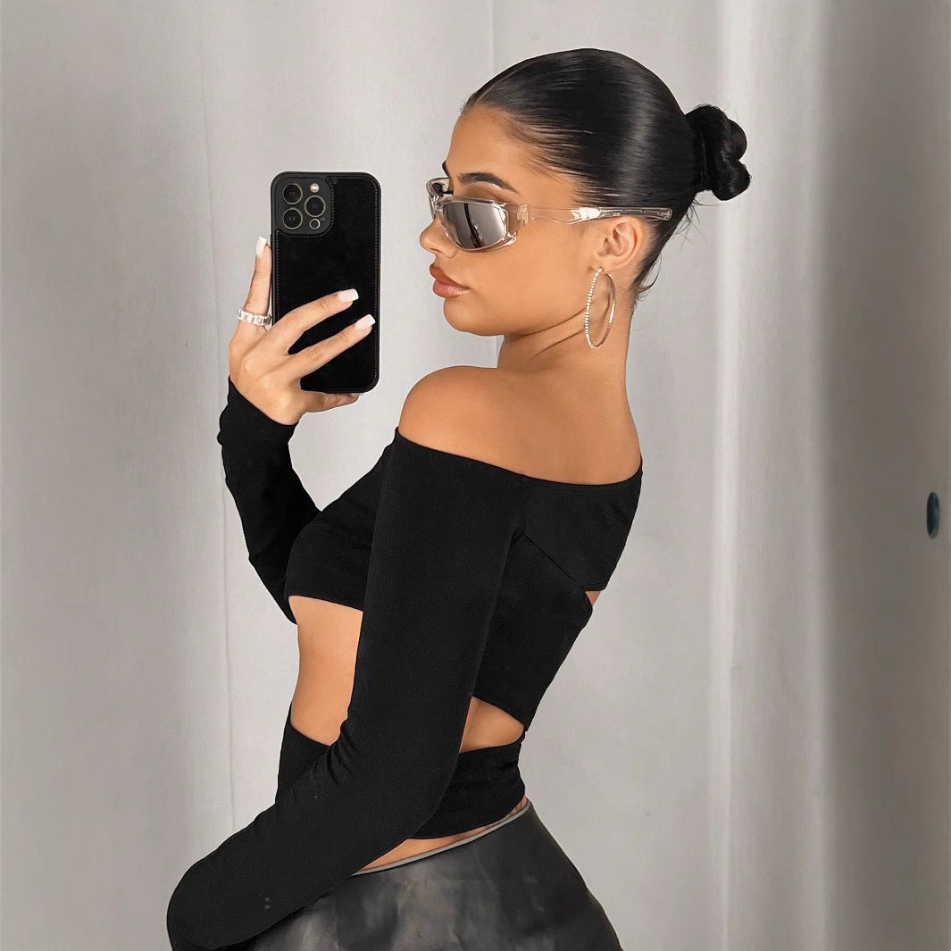 New Slim Fit Diagonal Collar Strapless Sexy Off-the-shoulder Navel T-shirt