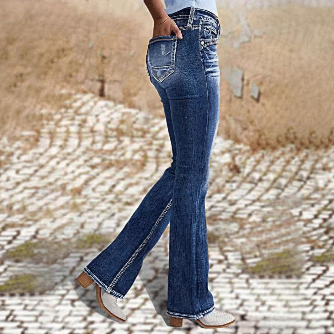 Ladies Mid Waist Stretch Washed Jeans Simple Slim Fit