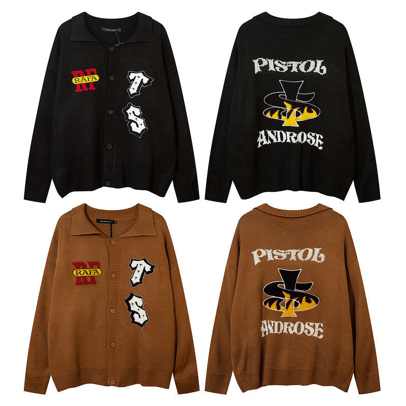 American High Street Letter Embroidery Design Lapel Sweater