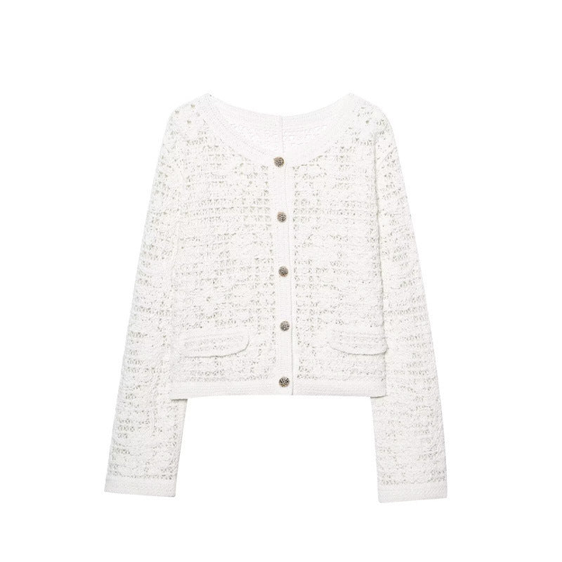 Design Decorated Row Button Crocheted Coat For Women