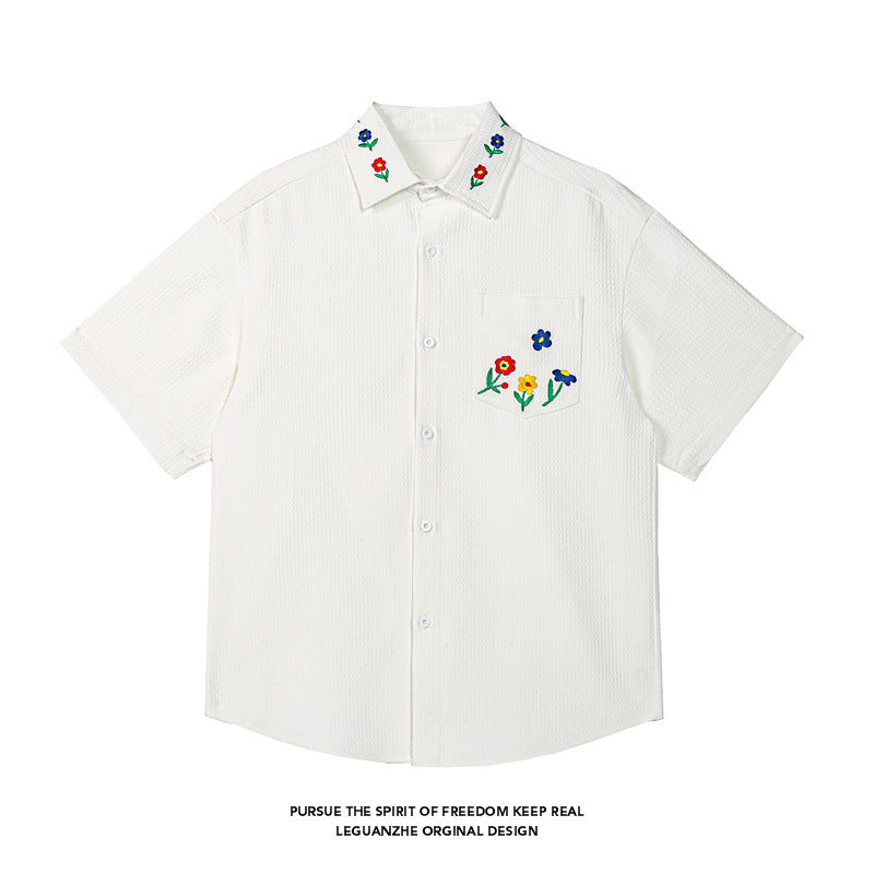 White Background Embroidered Handsome Short Sleeve Shirt