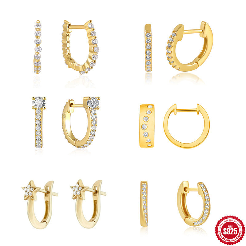 S925 Sterling Silver U-shaped Diamond Four-claw Earrings