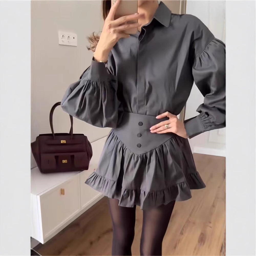Lantern Sleeve Shirt Ruffled Skirt Suit Women