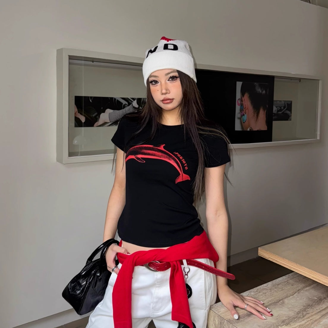 Dolphin Printing Shoulder Short-sleeved T-shirt Slim Fit Skinny Top