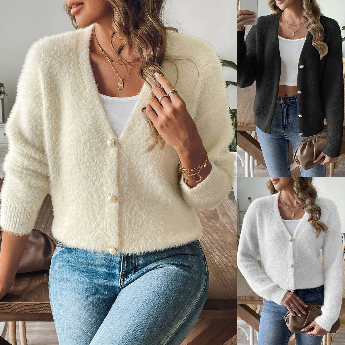 Pearl Buckle Four-button Woven Sweater Cardigan