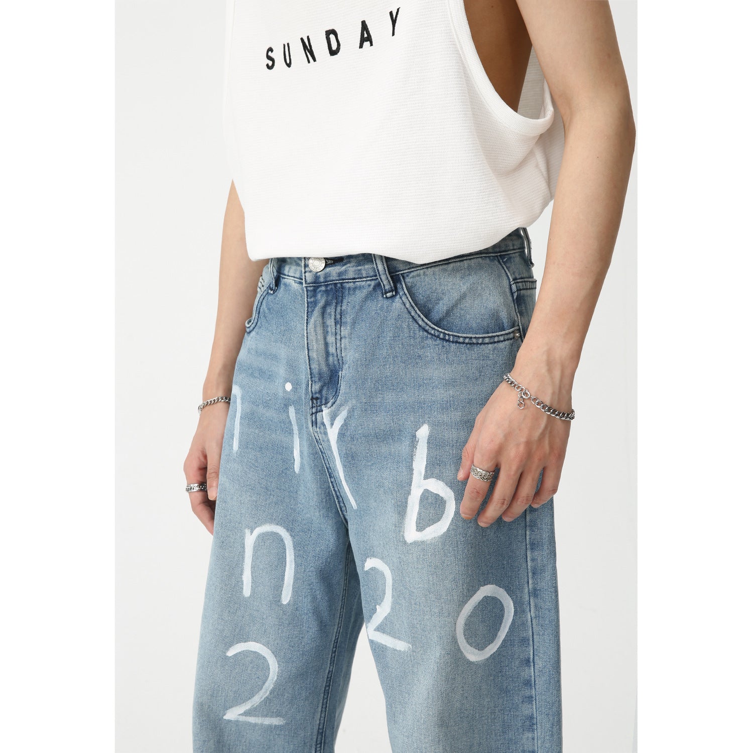 New Loose Wide-leg Mopping Jeans Personalized Digital Printing