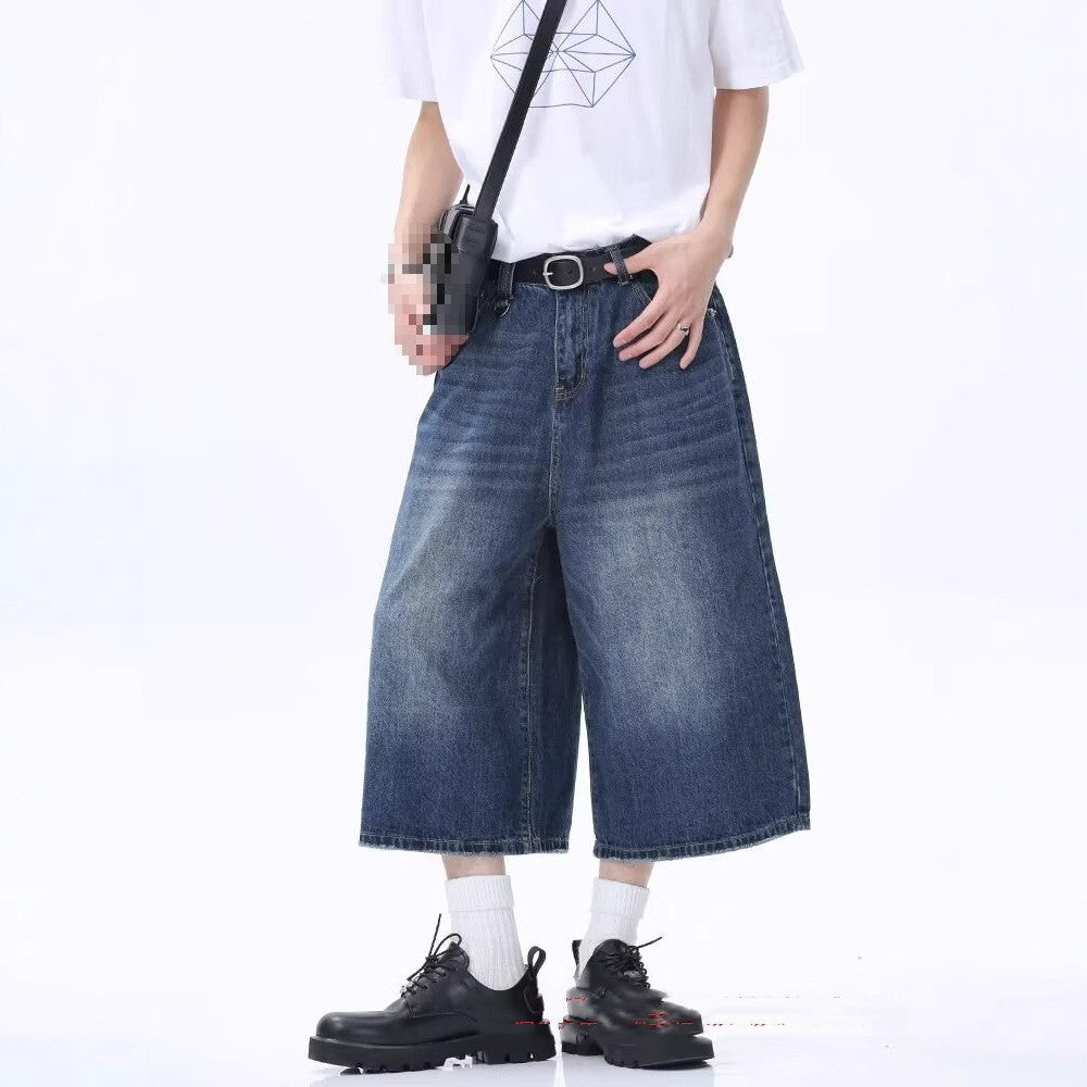Distressed Straight-leg Denim Middle Pants Men