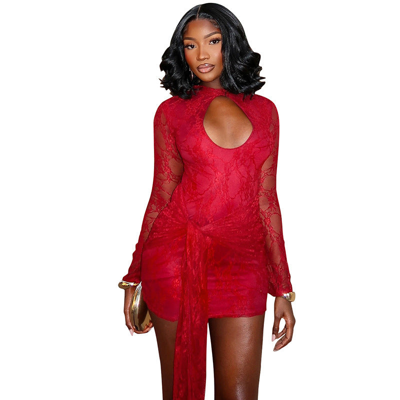 Women's Solid Color Hollow Out Strap Lace Long Sleeve Ribbon Short Dress