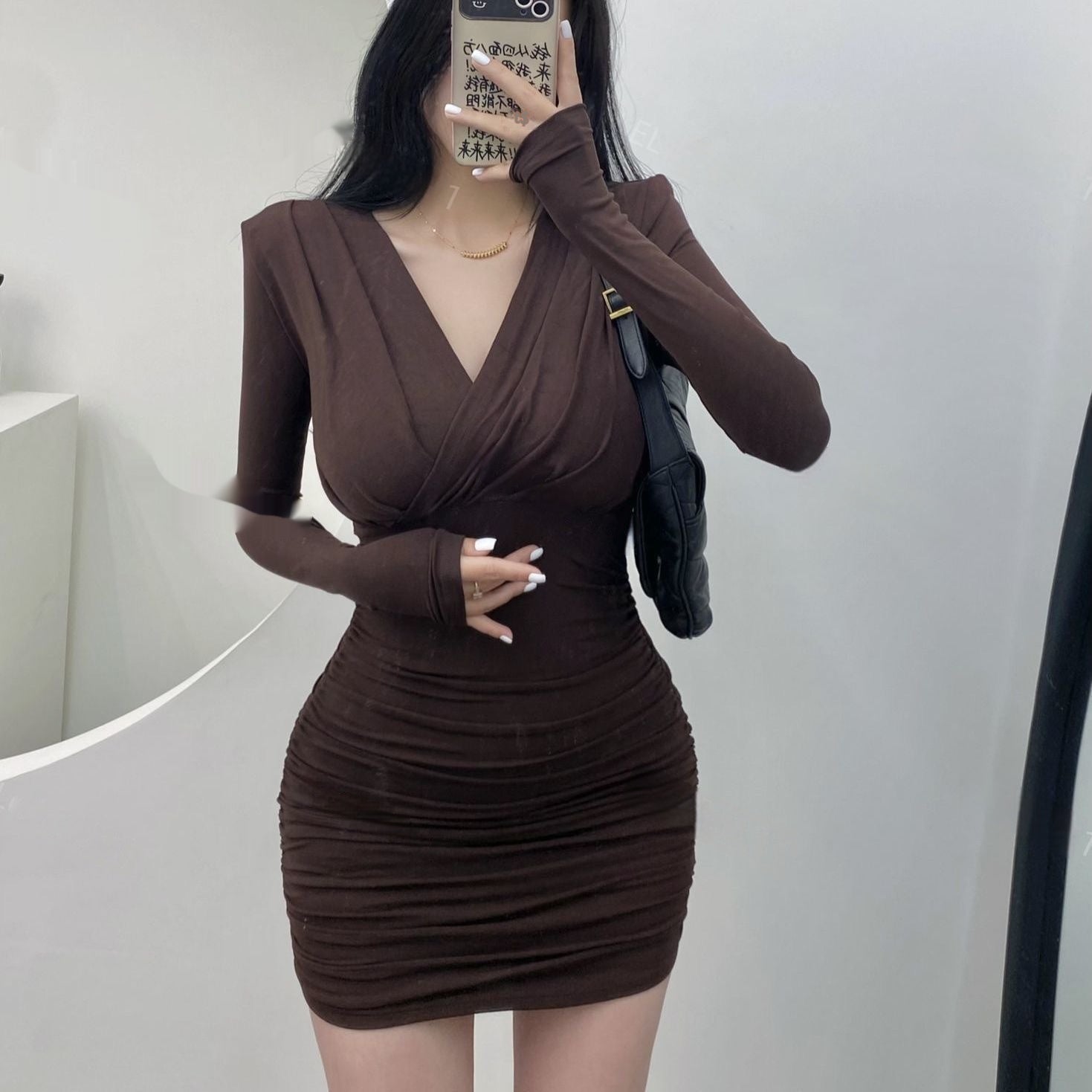 Mature Adult Lady Like Woman Style Stretch Long Sleeve Dress For Women