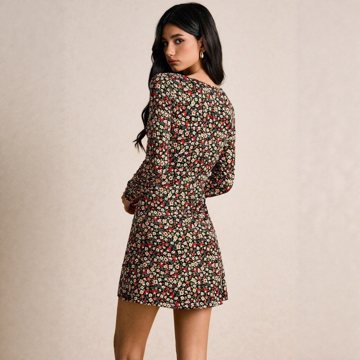 Slim Fit Fashion Floral V-neck Long-sleeve Dress