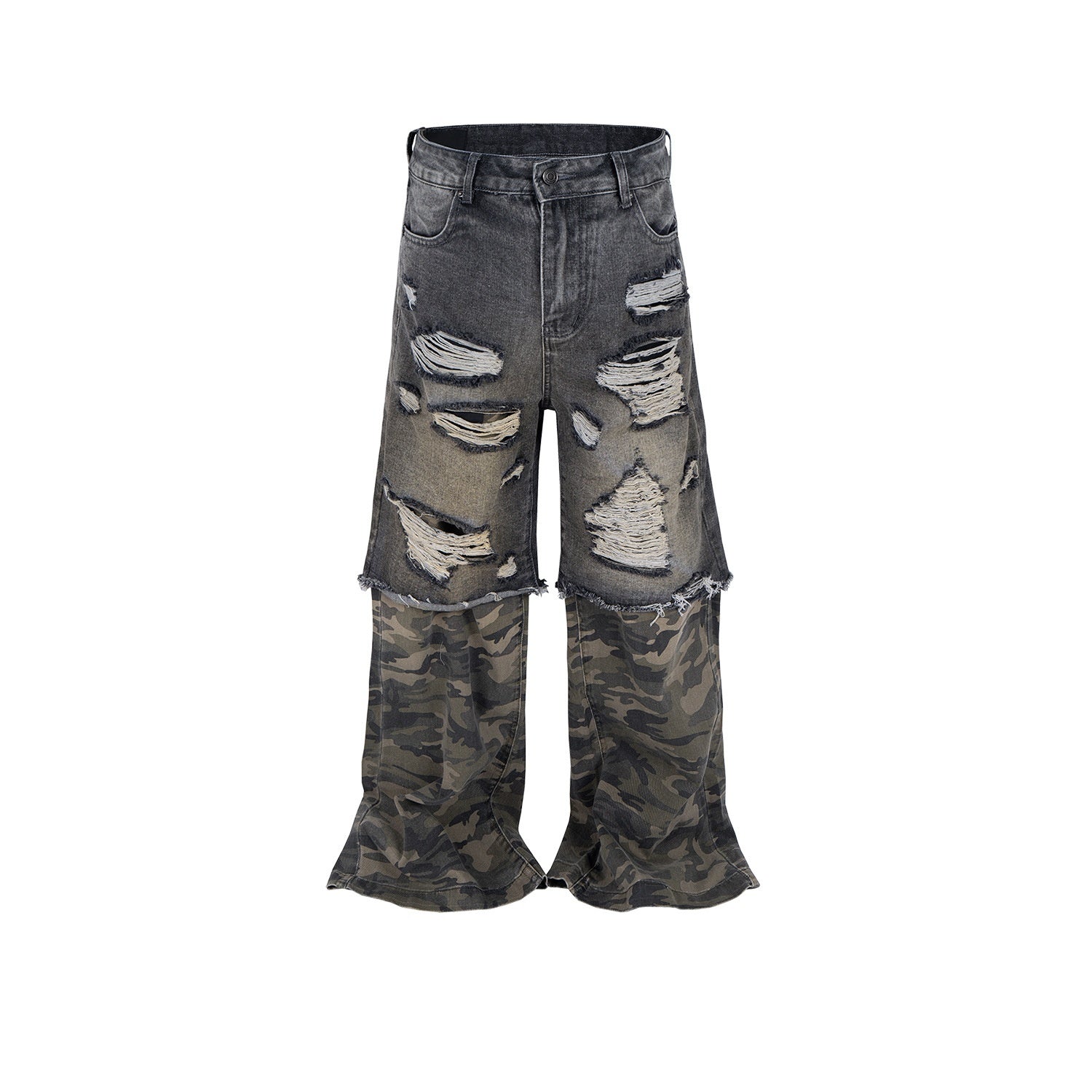 Camouflage Stitching Micro-pull Wide Leg Ripped Ripped Jeans