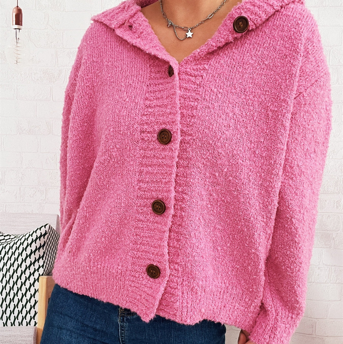 Casual Thickening Hooded Single-breasted Knitted Cardigan Solid Color Sweater Coat