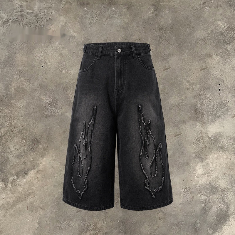 Cropped Patch Flame Embroidery Casual Men's Shorts