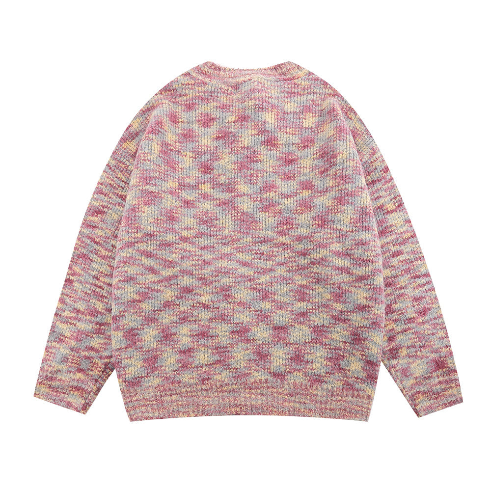 Mixed Color Tie-dyed Round Neck Cardigan Sweater Men