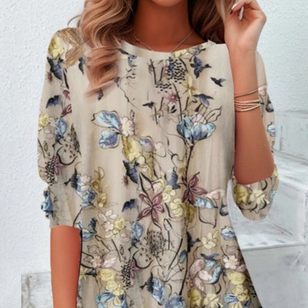 3D Printed Floral Round Neck Long Sleeve