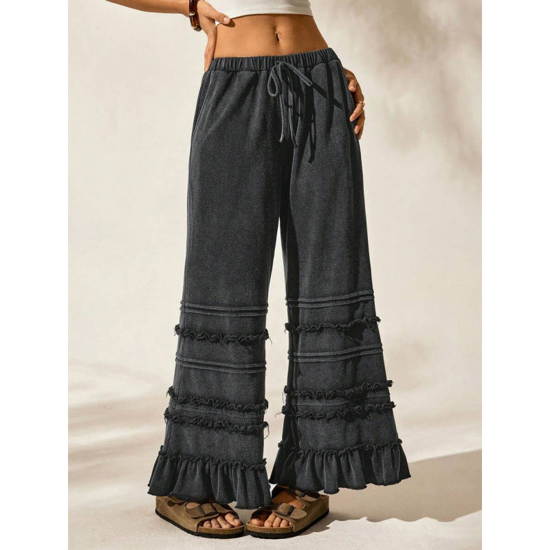 Summer Casual Vacation Style Black Worn Looking Washed-out Loose Flared Pants