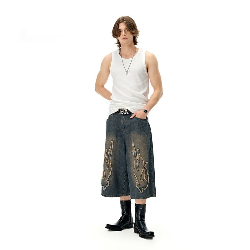 Cropped Patch Flame Embroidery Casual Men's Shorts