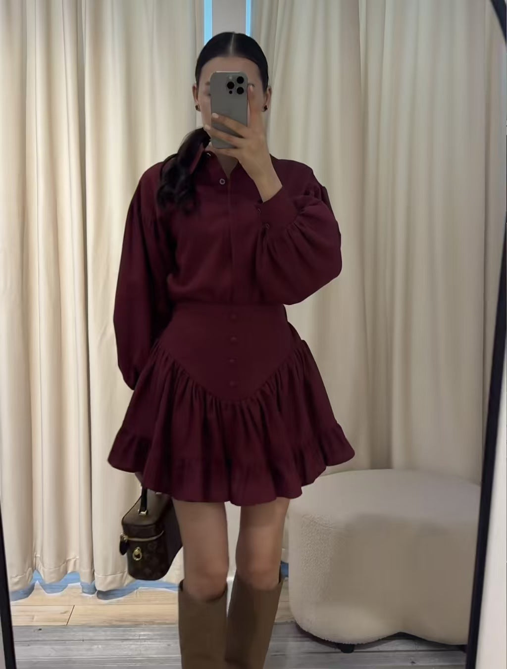 Lantern Sleeve Shirt Ruffled Skirt Suit Women