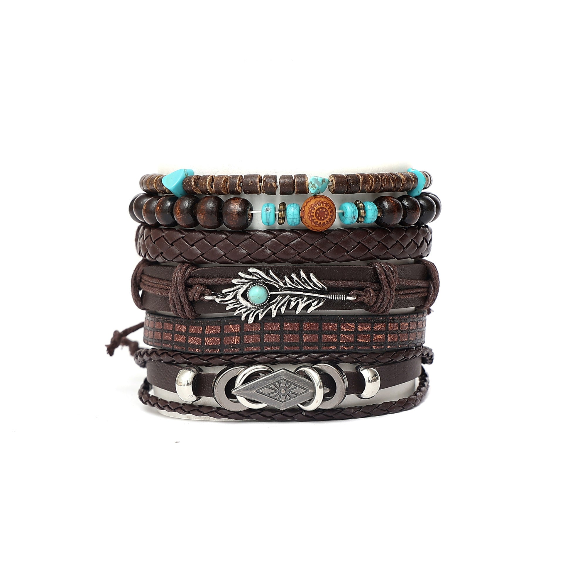Multi-layer Peacock Feather Leather Woven Match Sets Multi-color Mixed Bracelet Diamond