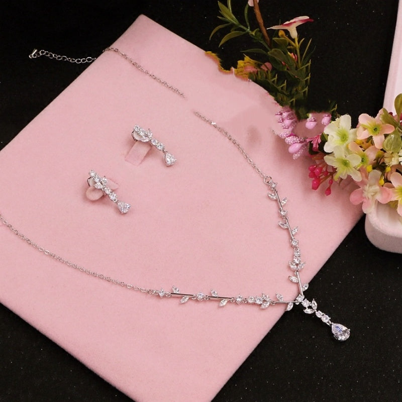 Simple Bridal Zircon Wedding Handmade Ornament Necklace And Earrings Suite