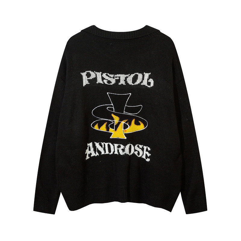 American High Street Letter Embroidery Design Lapel Sweater