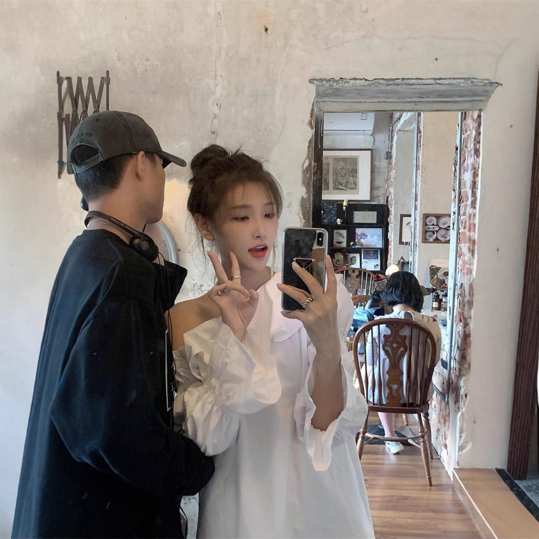 Women's Ruffled Irregular Off-shoulder Long Sleeve Dress