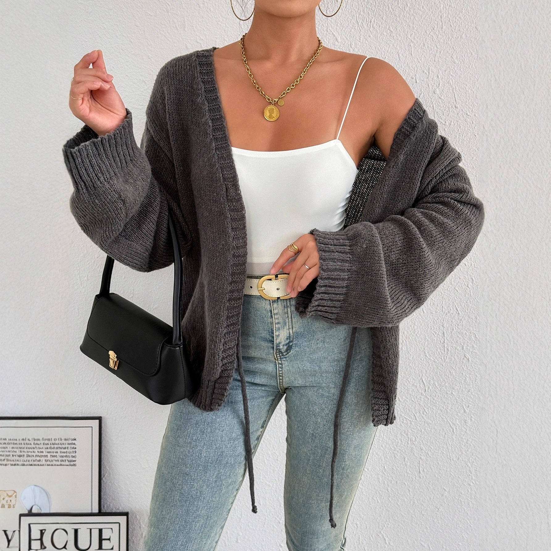 Sexy Deep V-neck Lace-up Knitted Solid Color Long Sleeve Sweater Coat